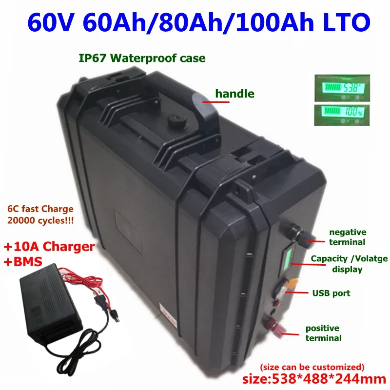 20000 Cycles LTO 60V 60AH 80AH 100AH ​​Lithium Titanate Batteri 2.4V celler BMS för gaffeltruckar solskyddssystem + 10A laddare
