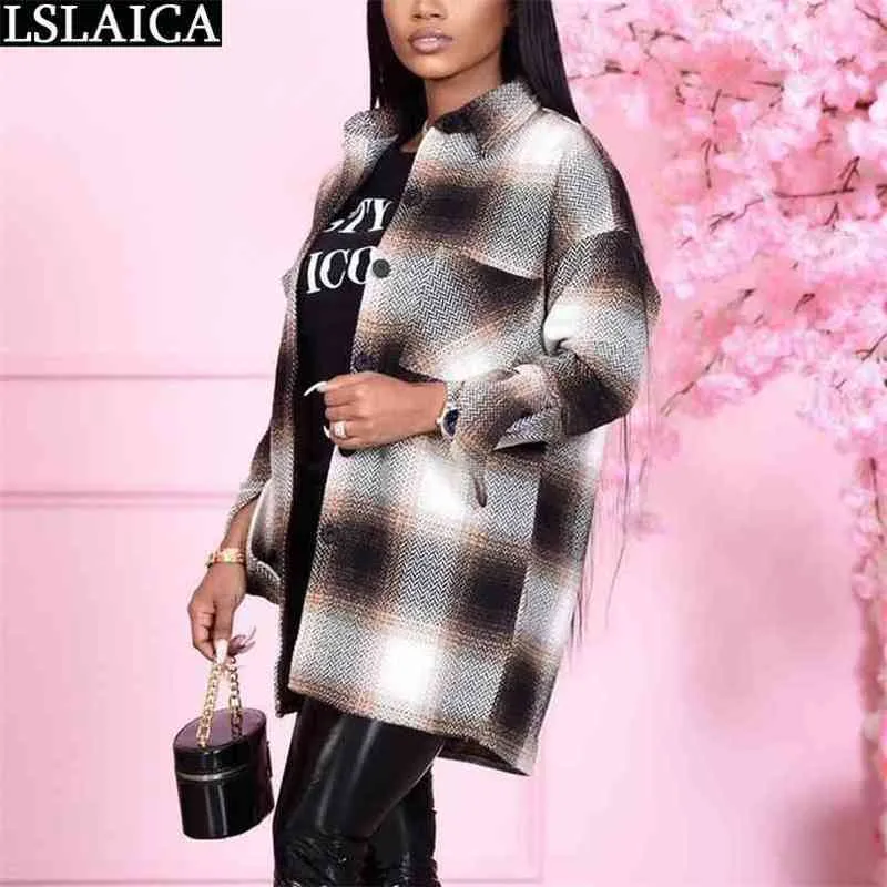 여성용 판매 캐주얼 슬리브 턴 다운 칼라 Chaquetas de Mujer 210515에 대 한 긴 격자 무늬 재킷 패션 jaket