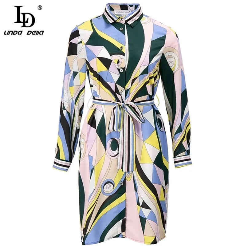 summer Runway Designer Dress Women Long sleeve Multicolor Geometry Stripes Print Bohemian Belt Holiday Mini 210522