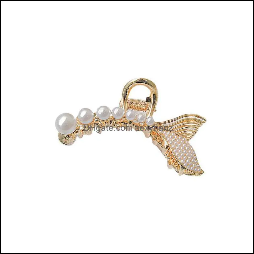 Korea Fish Tail Metal Pearl Clamps Alloy Women Scrunchies Diamond Hairpins Accessories Gold Silver Girls Gift Hair Clips Wholesale