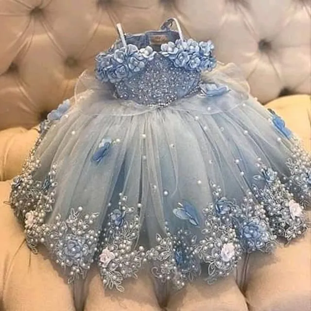 Niebo Niebieskie Perły Dziewczyny Korant Suknie Appliqued Zroszony Kwiat Dziewczyna Sukienka Dla Wesela Dzieci Długa Księżniczka Birthday Suknie Balowe