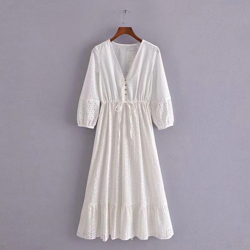 Robes décontractées dentelle broderie robe blanche femmes 2021 mode col en V à manches courtes été robe d'été élégante fête vacances vestido