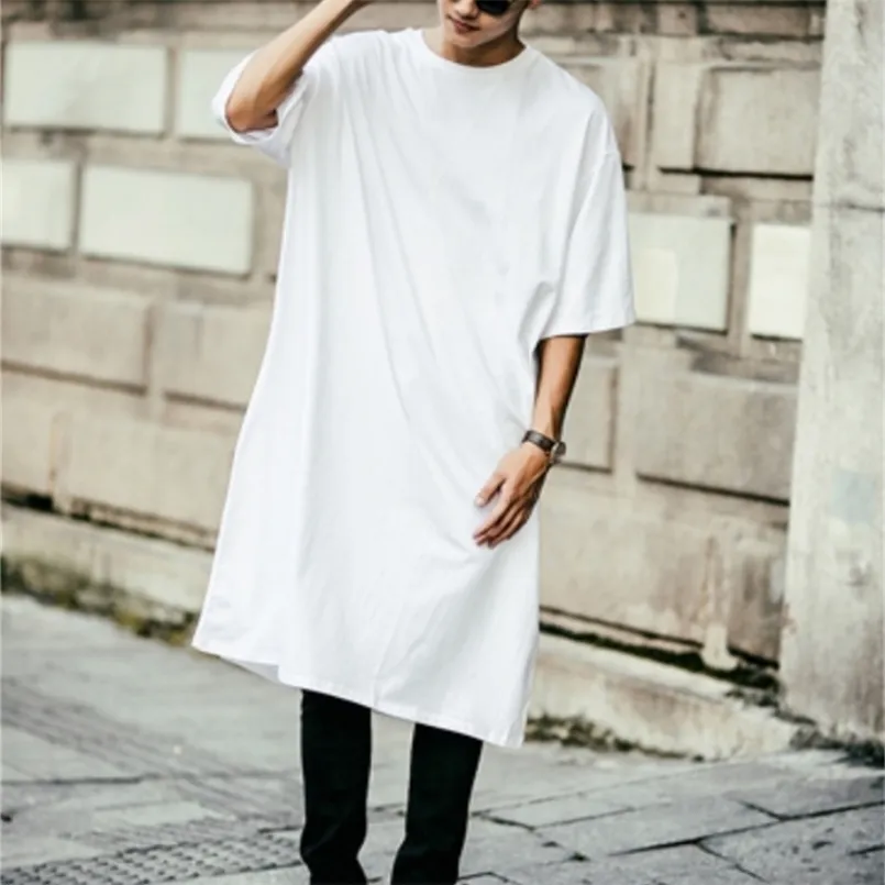 Yaz kısa kollu Koreli erkek uzun t-shirt diz üzerinde beyaz büyük para yarım kollu gevşek 210716