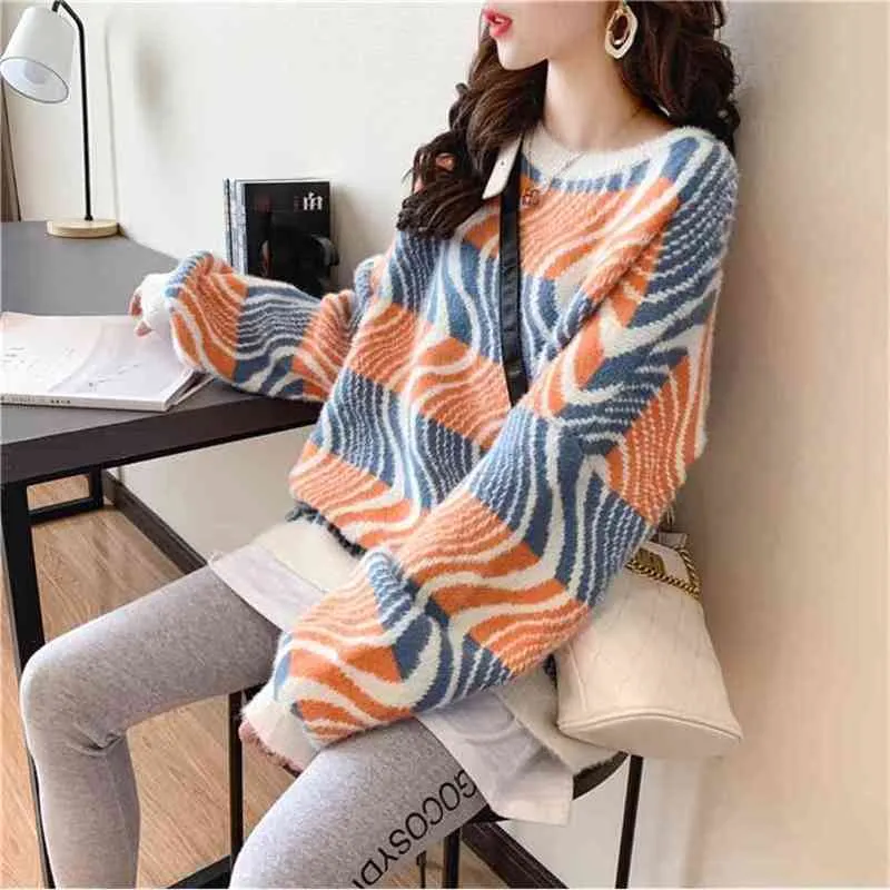 Волнистые полосатые пуловер свитер женские свободные осенью и зимой корейский вязать фонарь рукава короткая одежда Tide 210427