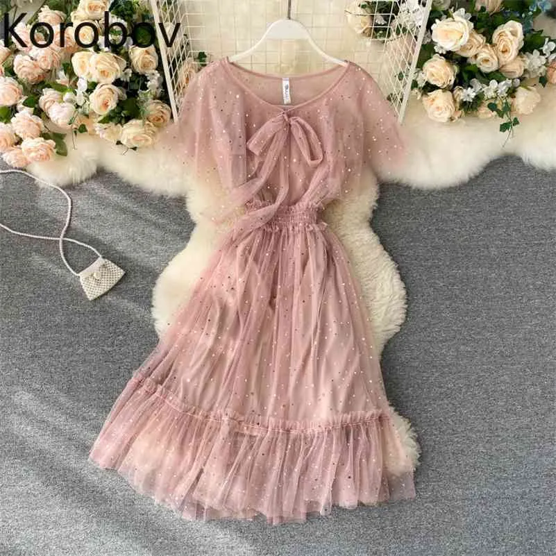 Korobov Korean Summer New Sequined Mesh Dress Ruffles O Neck Sweet Vestidos Femme Lacing Bow Bling Dresses 210430