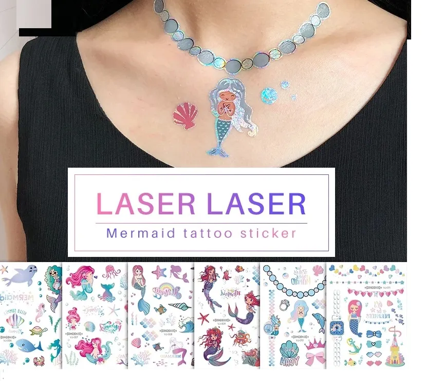 Pegatina De Tatuaje Con Láser Brillo Sirena Tatoo Para Mujeres