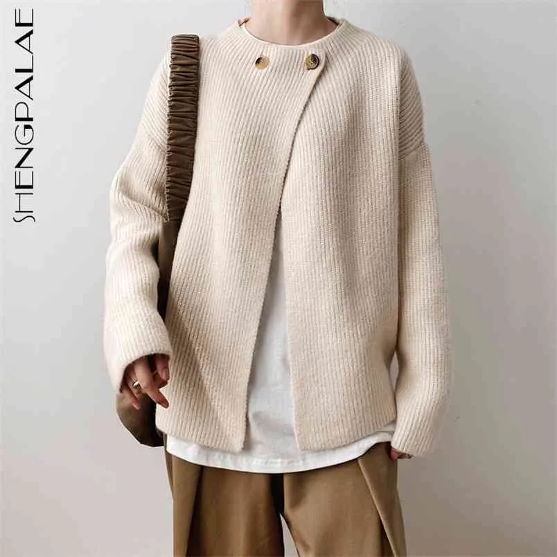 Albaricoque Retro asimétrico tejido Cardigan suéter suelto cuello redondo manga larga mujer moda primavera otoño 210427