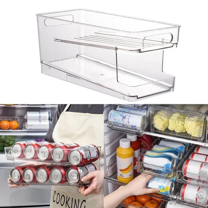 Organisateur de stockage de cuisine, support à boissons Transparent à Double couche auto-roulant, boîte de réfrigérateur, canette de bière et de Soda