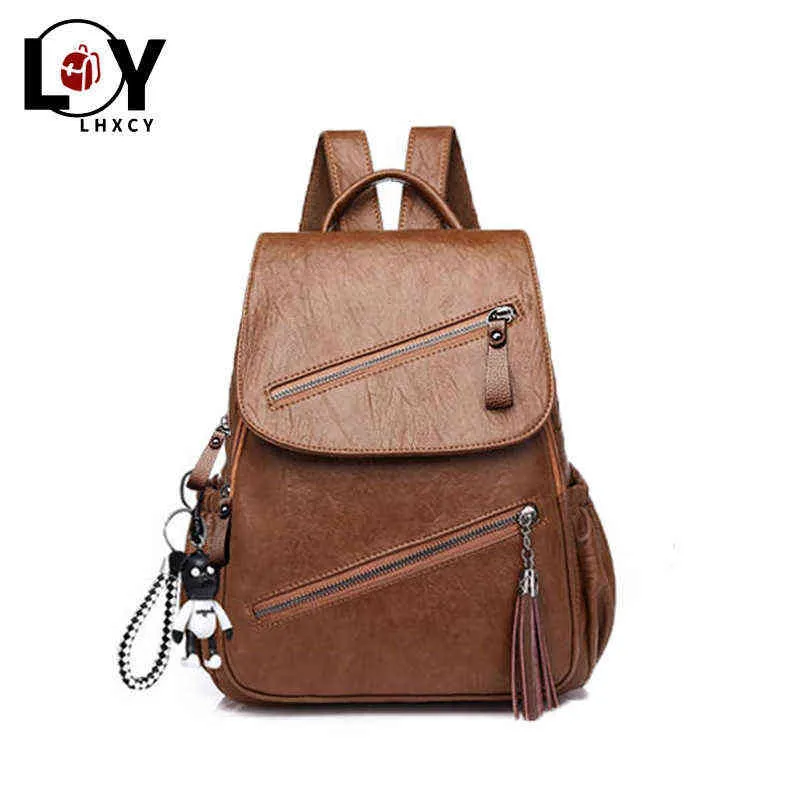 Vintage Tassels Soft Backpack New Women Retro Pu Leather Rucksack Big Capacity School Bag Teenager Girl Travel Bolsas Bagpack Y1105