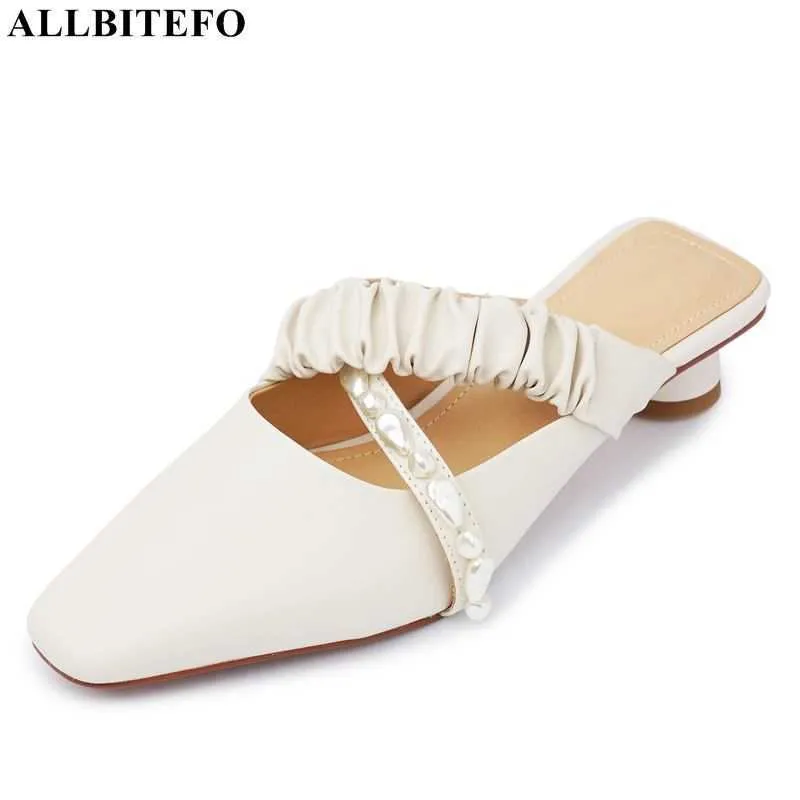 ALLBEEFOサイズ33-41ソフト純正レザー女性ヒールシューズサンダル夏ファッション女性スリッパ屋外ストリートフリップフロップ210611