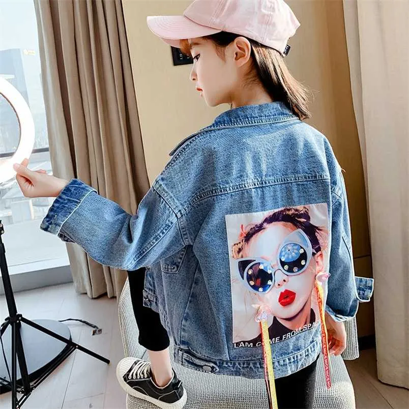 Girls Denim Jacket Tassels 4-13T Kids Spring Teenage Fashion Europe and America Style Coat Little Design Tops Baby Outwear 211011