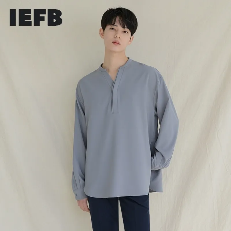 IEFB Coreano Moda Men's V Collar Vista Camisas de Manga Longa Primavera Causal Ice Silk Confortável Pullovers Blusa para Masculino 9Y5923 210524