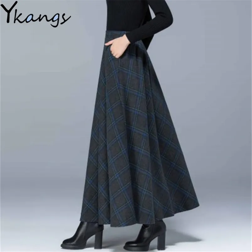 Plus Größe Hohe Taille Woolen Plaid Röcke Winter Warme Frauen Wolle Maxi Büro Damen Mode Lässig Lange Streetwear 210421