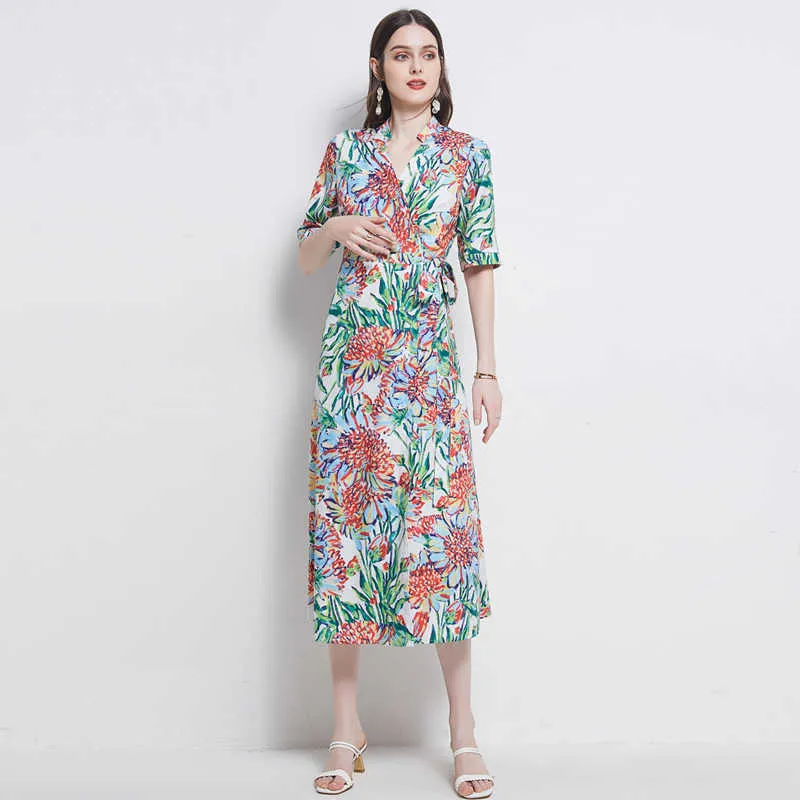 Dames Zomer Designer Elegante Wrap Jurk Mode Losse Casual Party Robe Dames Vintage Floral Printing Lange Jurk Vestidos 210525