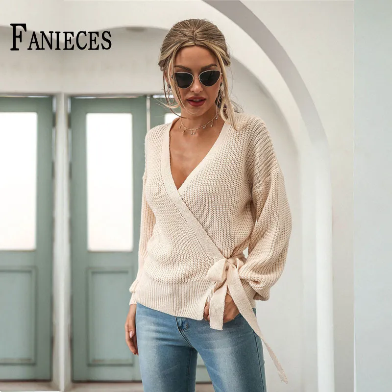 Fashion Bandage V- neck Knitting Sweaters