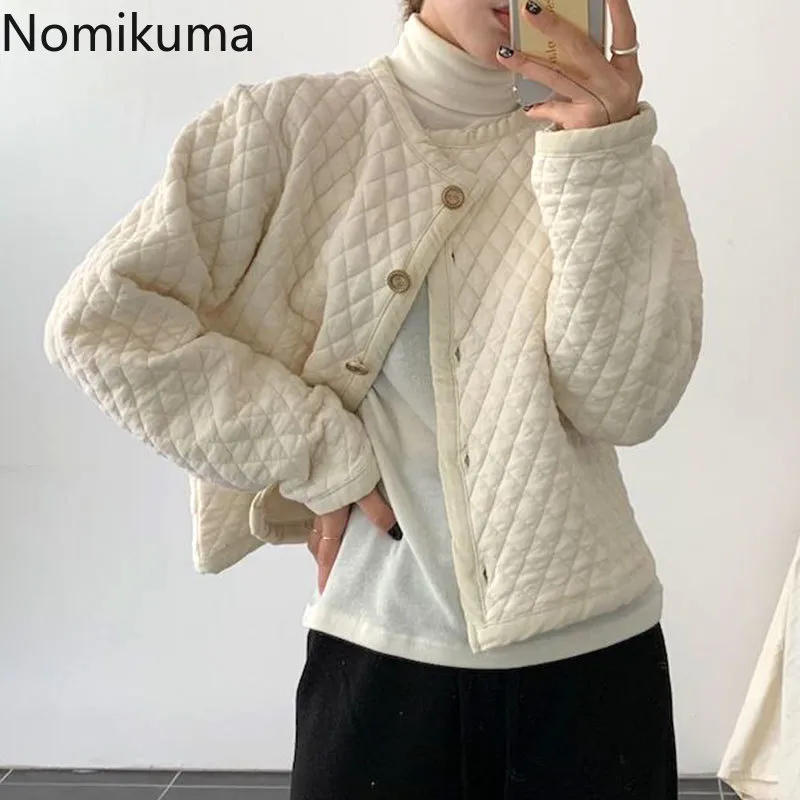 Nomikuma 겨울 옷 여성 솔리드 컬러 격자 무늬 파카스 싱글 브레스트 긴 소매 한국어 Chic 캐주얼 재킷 여성 3D527 210514
