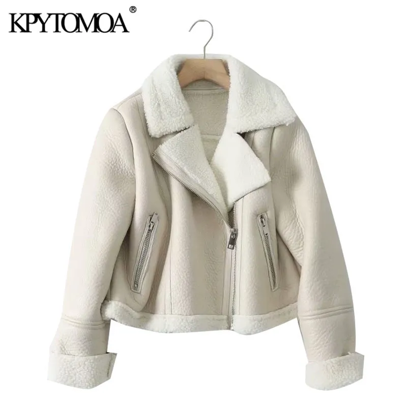 Women Fashion Thick Warm Winter Fur Faux Leather Cropped Jacket Coat Vintage Long Sleeve Female Outerwear Chic Tops 210416