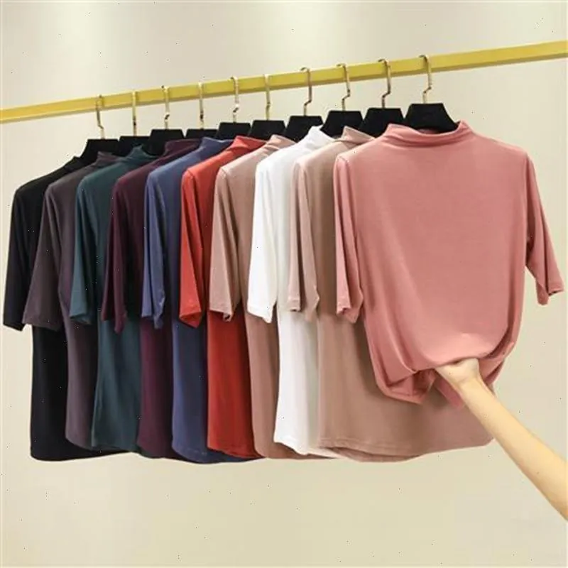 Fashion Summer Women Tops Half Sleeve T Shirt Soft Modal Turtleneck T-shirt Slim Fit Stretch Bottoming All Match Tees