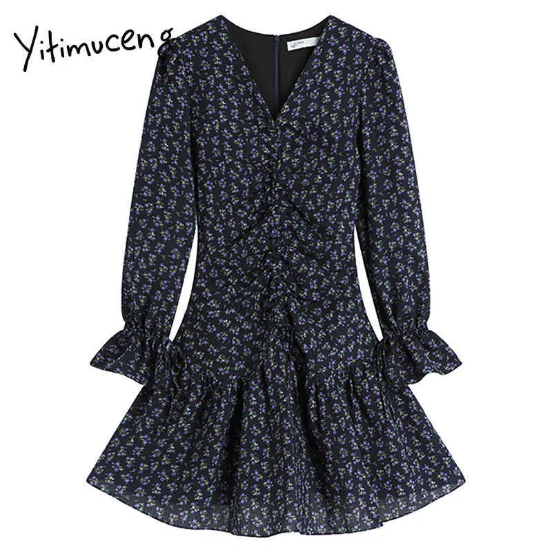 Yitimuceng Vintage Volants Floral Pint Robes Femmes Col V A-Ligne À Manches Longues Vêtements Solide Robe De Mode D'été 210601