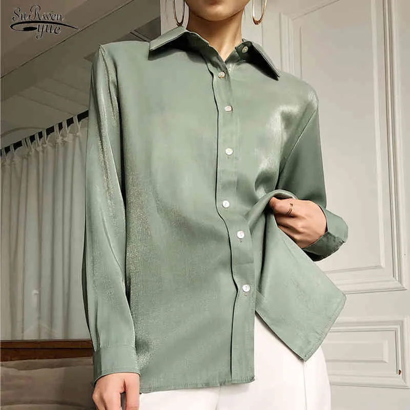 White Satin Shirt Womens Spring Green Blouse Plus Size Long Sleeve