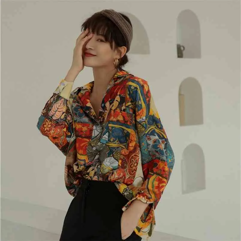 Women's Vintage Hong Kong Flavored Shirt Spring Oil Painting Printing Top Design Niche Long Sleeve Flower ML777 210506