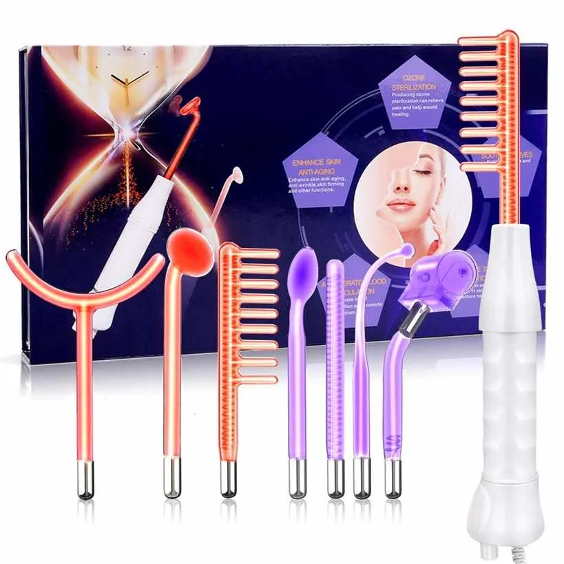7 In 1 High Frequency Electrode Glass Tube Violet Purple Light Acne Wand Skin Care Spot Remover Spa Beauty Machine 220110