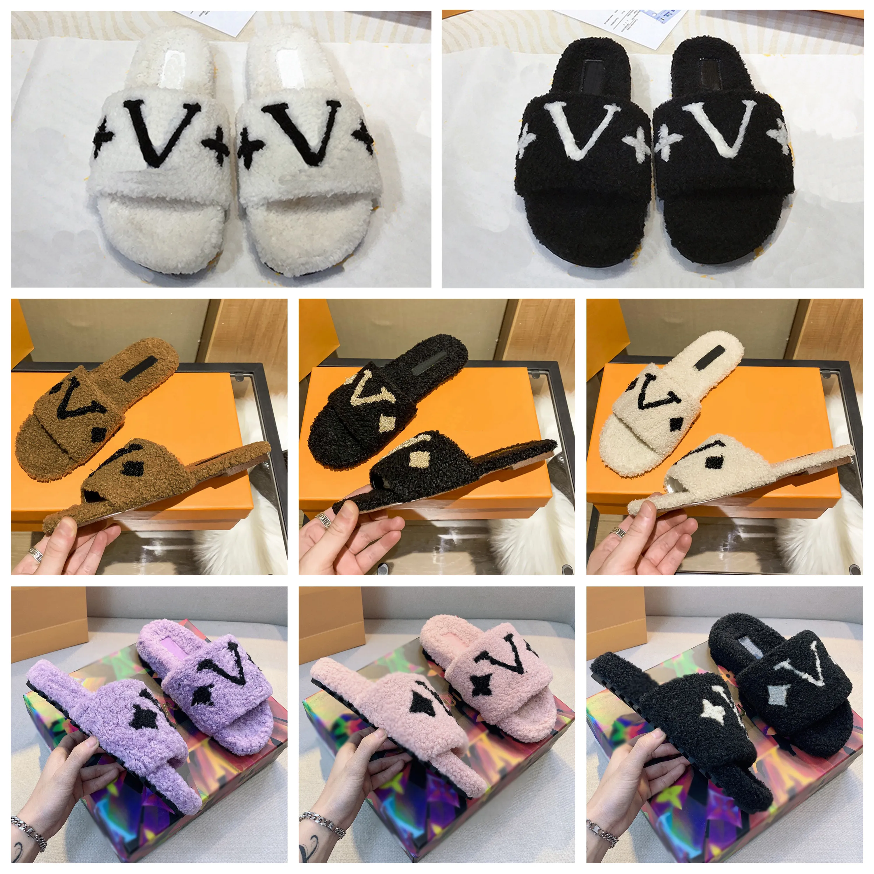 Pantuflas de mujer Chanclas de lana para mujer Piel de invierno Mullido Peludo Letras cálidas Sandalias Cómodo Fuzzy Hoja de hierro triangular invertida Chica Chanclas Zapatilla