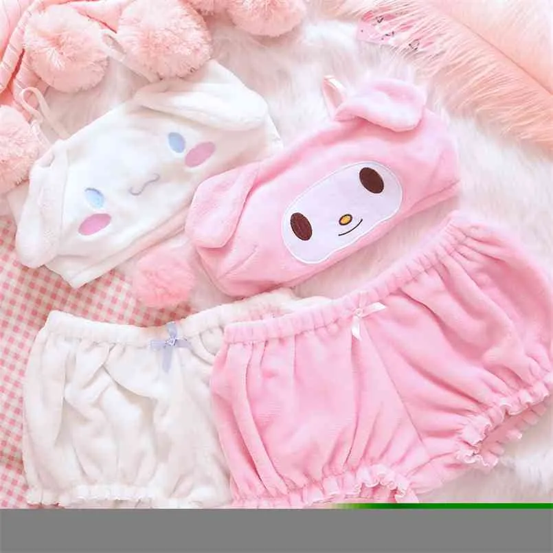 Inverno mulheres pijamas anime cosplay traje bonito meninas kawaii sutiã e calcinha conjunto rosa branco veludo sexy sleepwear camisola 210831