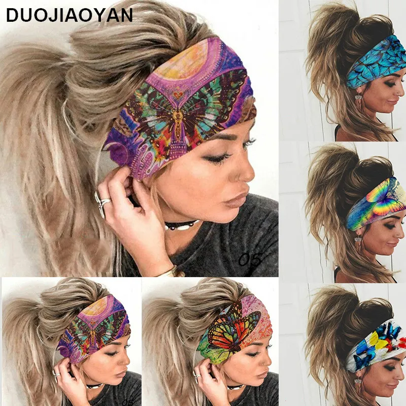 High Quality elastic soft headband Women girls color butterfly yoga movement absorbent khan wide-brimmed fitness headscarves