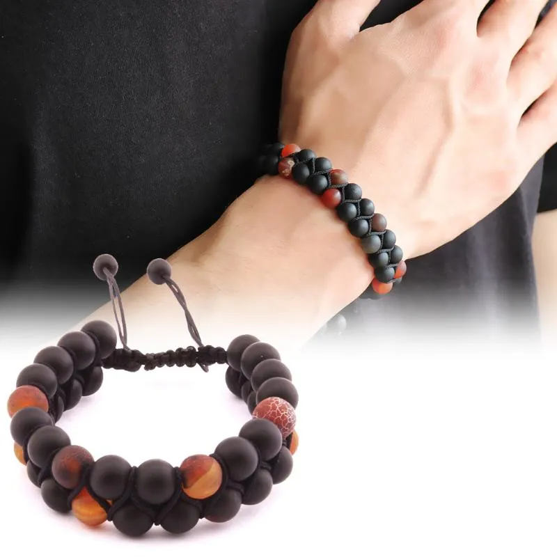 Tesbihane Macrame Brawing Double Row Sphere Cut Onyx-Agate Natural Stone Bracelet Bangle