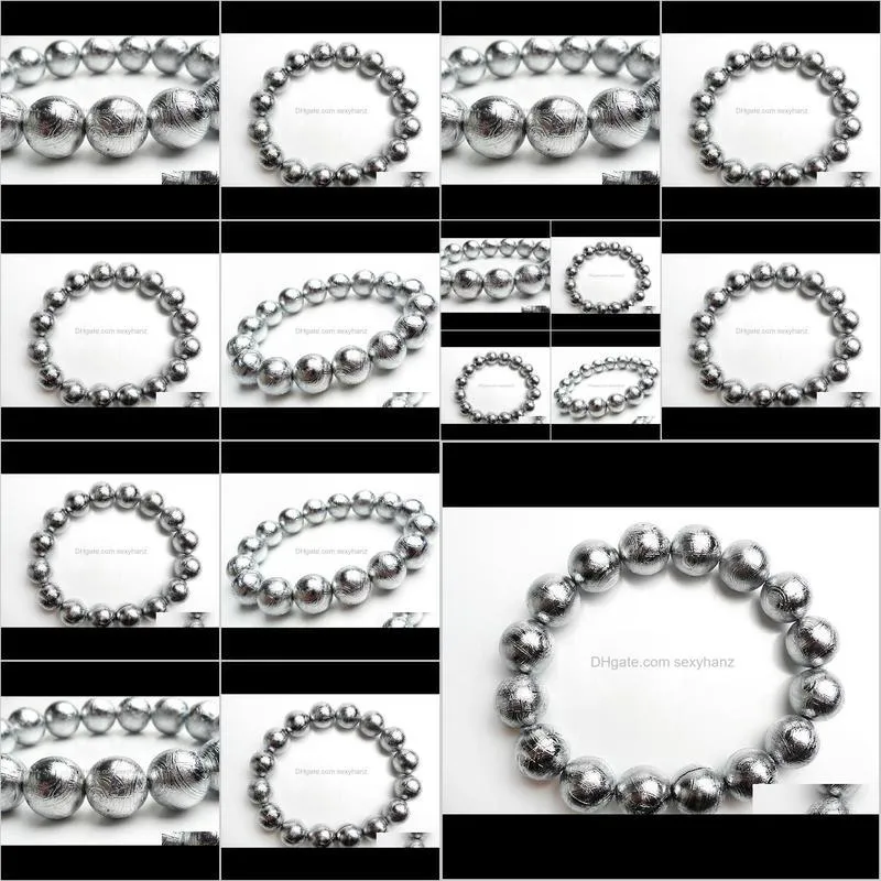 Genuine Natural Gibeon Meteorite Silver Plated Bracelets Women Popular Mens 14mm Stretch Charm Big Round Beads Bracelet Unique