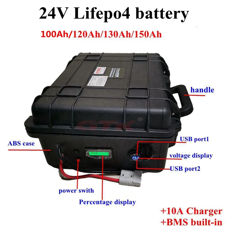 Batterie au lithium étanche 24V 100Ah 120Ah 130Ah 150Ah lifepo4 BMS 100A pour bateau de pêche électrique chargeur solaire energ RV + 10A