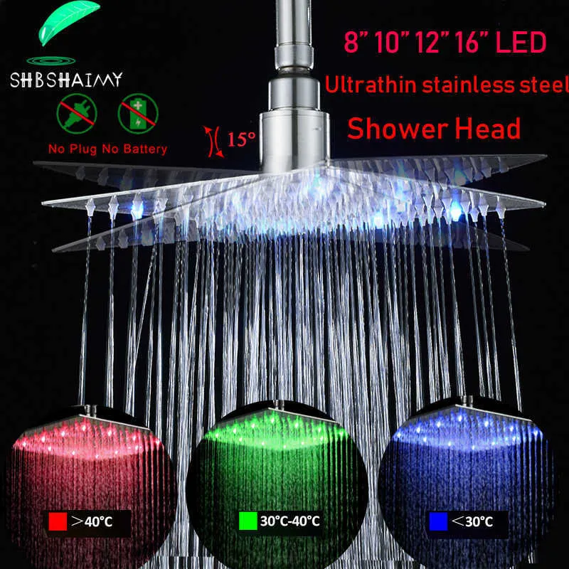 SHBSHAIMY LED Chrome Pluie Robinet Pommeau De Douche Salle De Bains Robinet En Acier Inoxydable Carré Huile Surface Bronze Pulvérisateur Température Sens 210724