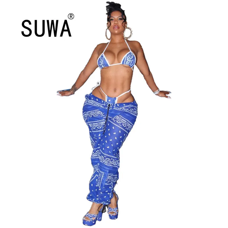 Low Waist Blue&white Bandanna Print Sporty Harem Pants Autumn Winter Women Loose Baggy Sweatpants Streetwear Trouser Jogger 210525