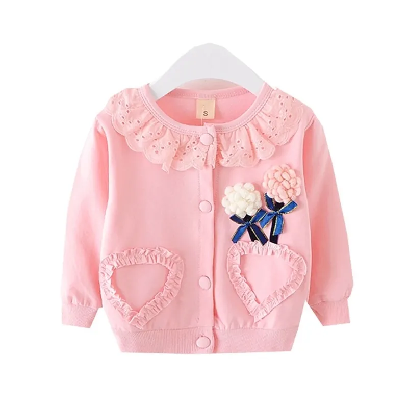 Ciondolo a fiori Cardigan per ragazze Dolci Abbigliamento per bambini Cappotto in cotone Giacca per bebè carino Motivo a cuore Camicetta per ragazze Capispalla rosa vetement 211106