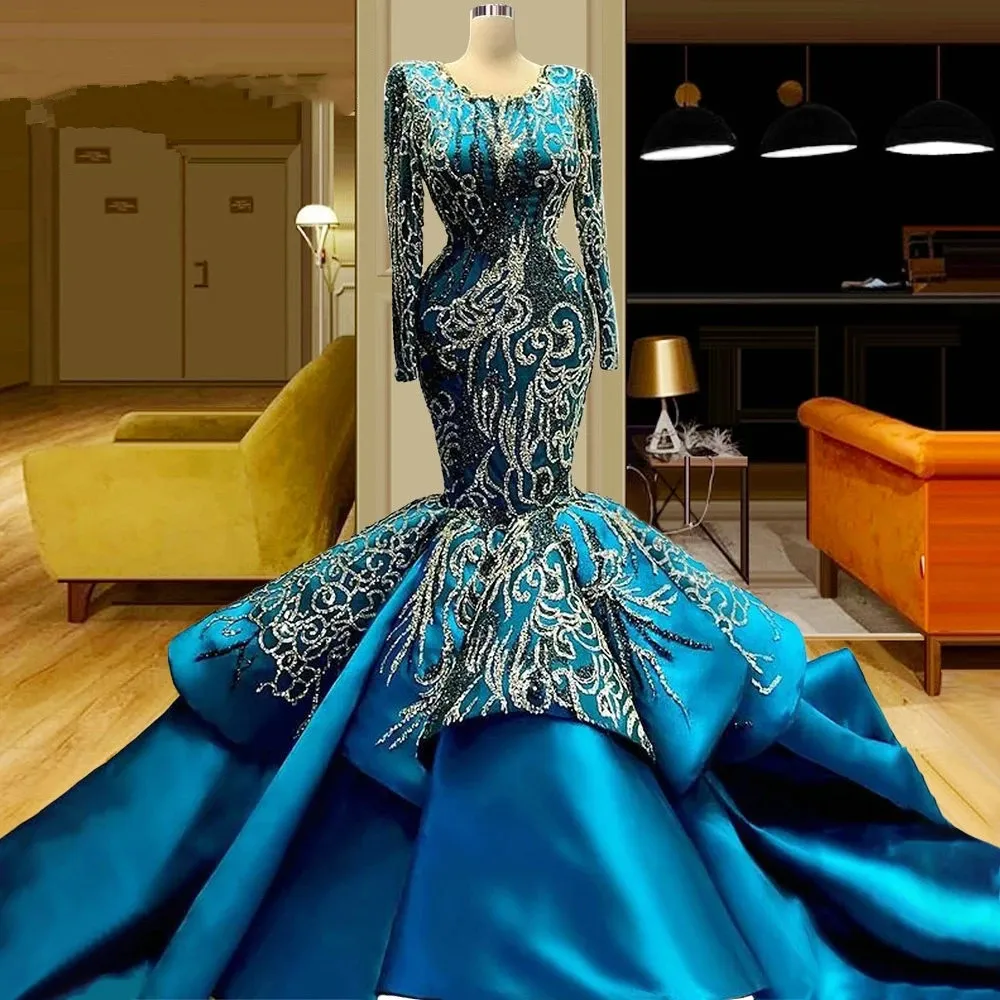 Синие атласные вечерние платья с длинными рукавами и блестящими блестками, кружево с рюшами и шлейфом, платье для выпускного вечера на заказ 322