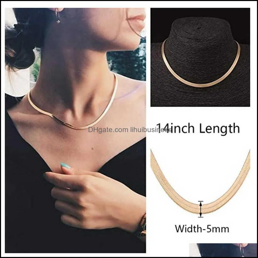 2021 Gold/Silver Plated Adjustable 5MM Flat Snake Chain Herringbone Choker Necklace Simple Dainty Jewelry for Women 15