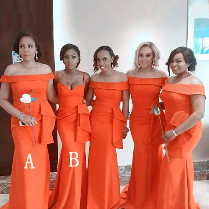 Fashion Orange Mermaid Bridesmaid Dresses 2021 Ruffles Long Boat Neck Maid Of Honor Dress Prom For Women Gowns