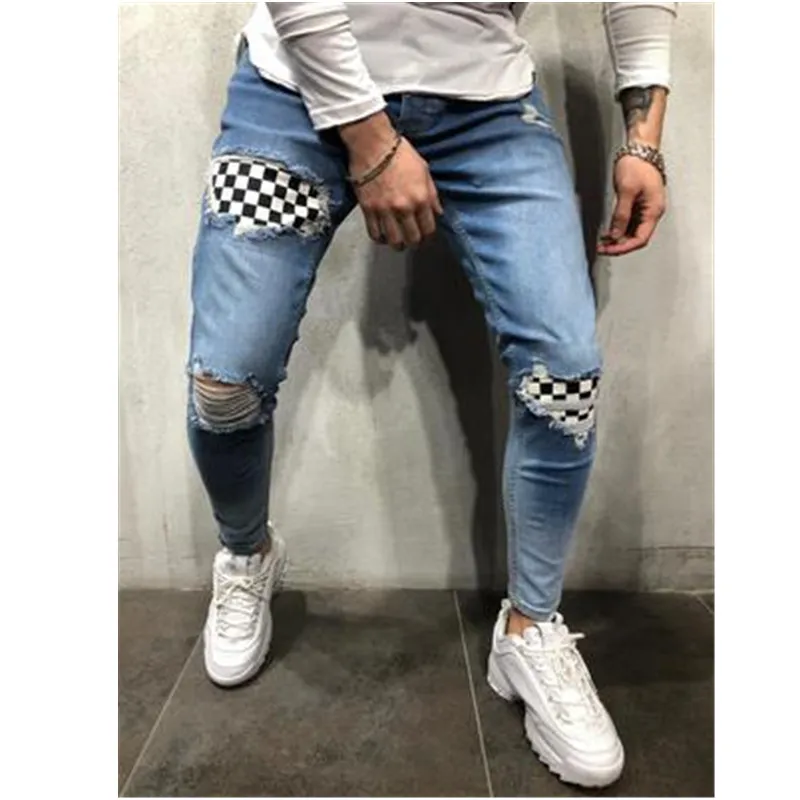 Hombres Agujero Jeans Moda Tendencia Primavera Luz Lavado Cremallera Bolsillo Lápiz Pantalones Diseñador Masculino High Street Elasticidad Tallas grandes Pantalones de mezclilla