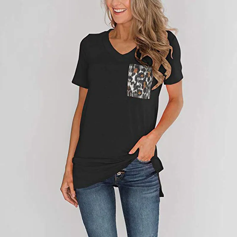 Women's Summer T-Shirt Short Sleeves V-Neck Patchwork Leopard Shirt Pocket Basic Female t shirt camiseta mujer 210522