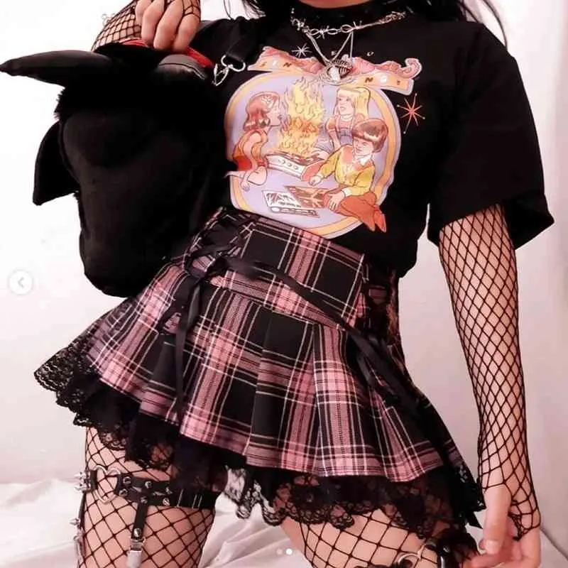 Mini Skirts Women High Waist Skirt Goth Mesh Y2K Lace Up Plaid Pleated Short Skirt E-Girl Punk A Line Sexy Skirts Summer 210712