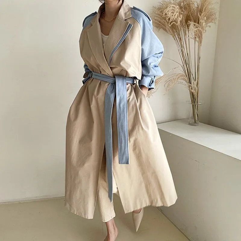 Damskie płaszcze Koreańskie Chic Jesień Retro Lapel Design Sense Szycie Contrast Color Pas Waist Long Windbreaker Jacket