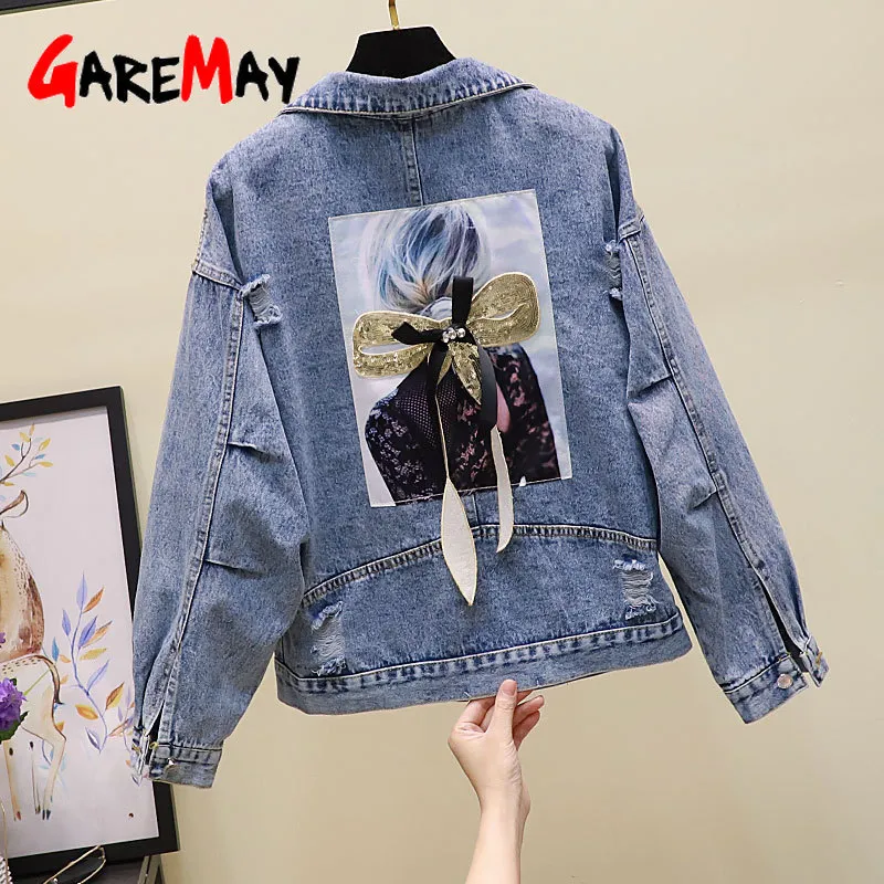 Frauen Stickerei Blumen Denim Jacke Umlegekragen Jean für Lose Lässige Ripped Holes Mantel Weibliche Outwear 210428