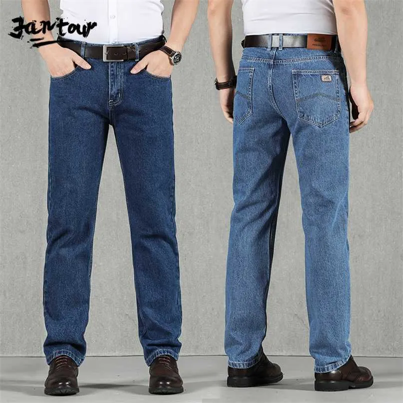 Automne Hiver Jeans Hommes 100% Coton Haute qualité Lâche Droite Denim Pantalon D'affaires Classique Salopette Pantalon grande taille 40 42 211108