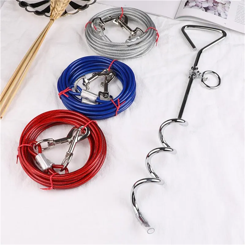 5M Outdoor Pet Leash With Dog Fixed Pile Metal Screw Stake For Camping Garden Ground Steel Wire Dogs Leads Leashes Set