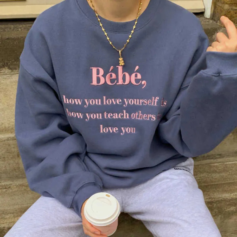 Coréen Chic O Cou Lettre Broderie Sweatshirts Femmes Conception Lâche À Manches Longues Tout Match Casual Pull Doux Automne Sweats À Capuche 210928