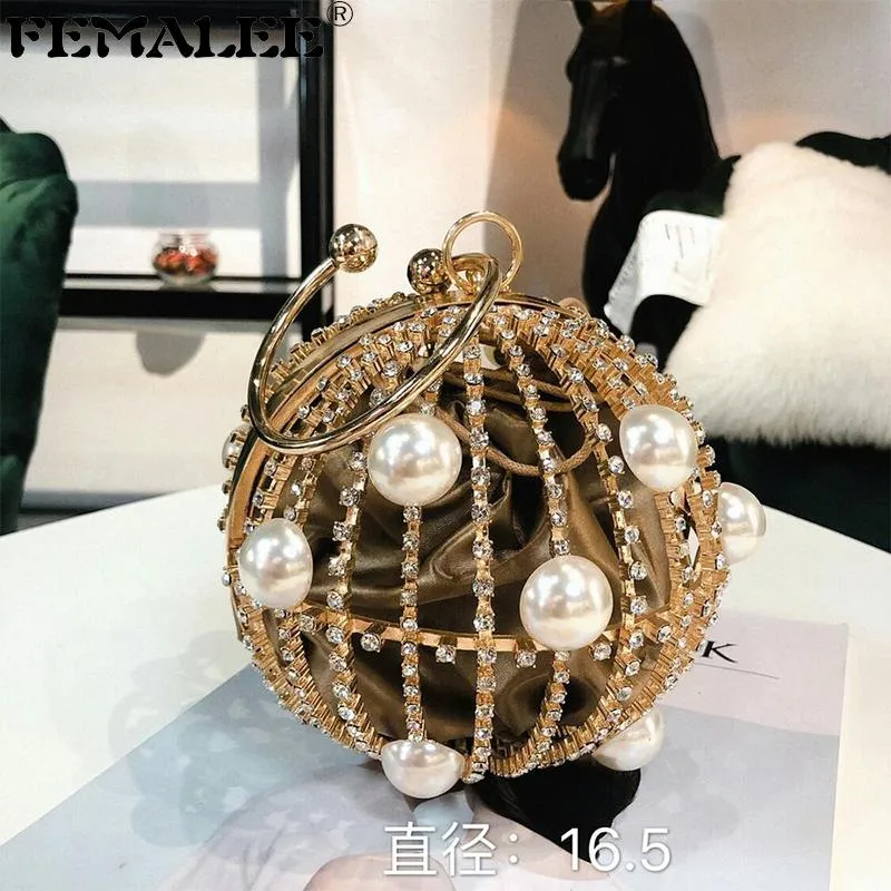 Worki wieczorowe w kształcie kulki Hollow Metal Stop Torba Party Women Gold Cage Pearl Crystal Wedding Sprzęgła Torebki Prezent Tote Torebki