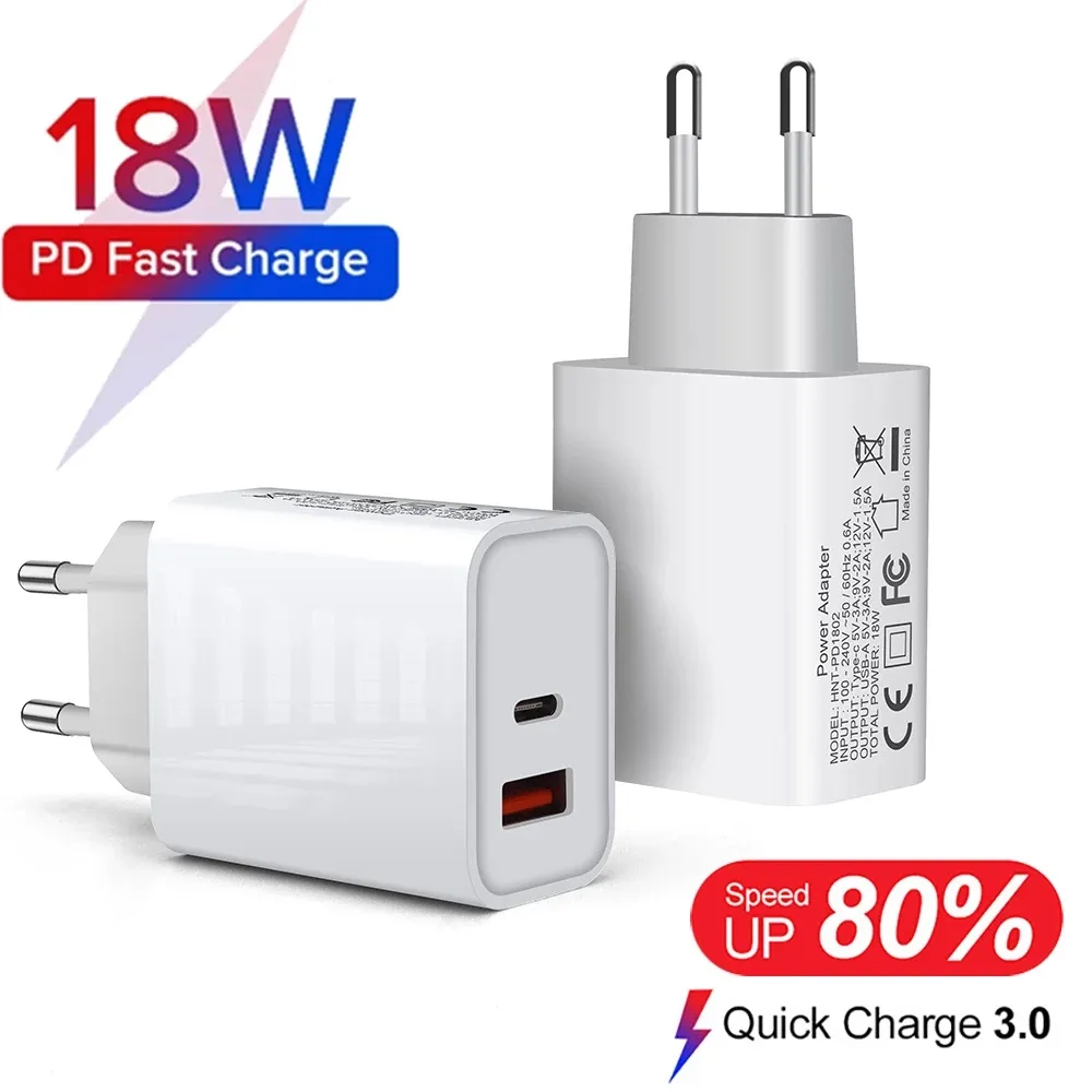 18W PD QC3.0 Muurlader Fast Charging Type C Snelle lading 3.0 US EU UK Adapter Dual USB-opladers voor iPhone 12 11 Pro MAX MINI SE XS XR IPAD SAMUSNG XIAOMI Smartphone