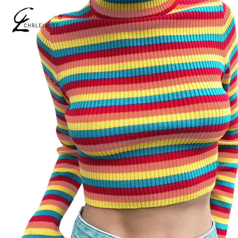 Women's Warm Sweater Female Fashion Rainbow Ladies High Collar Short Corp Tops Femme 210805