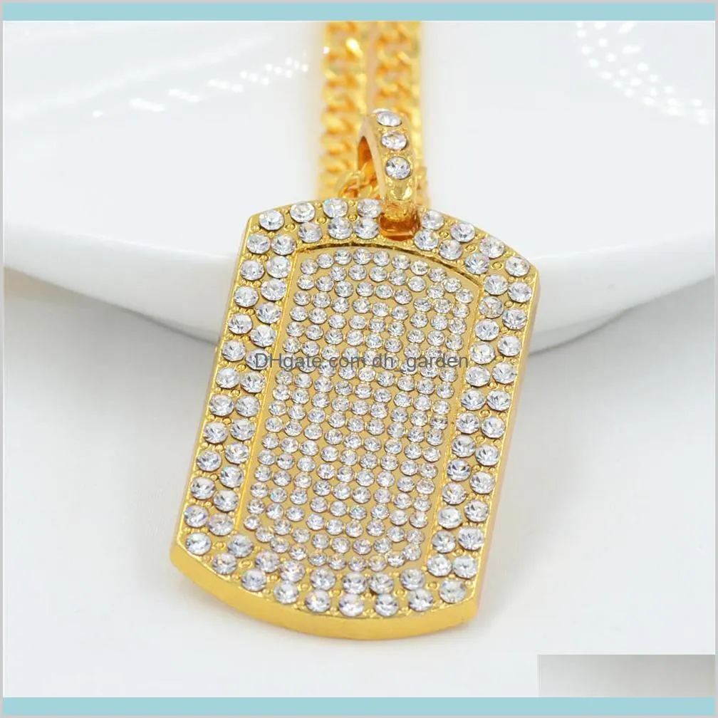 2020 mens jewelry vintage men`s pendant filled iced out rhinestone gold color charm square dog tag necklace with cuban chain hip hop